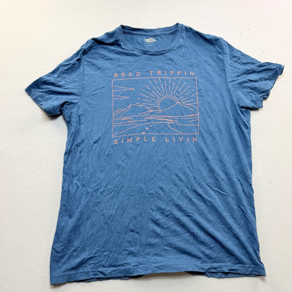 Old Navy Graphic Tee Mens Large Blue Excellent Road Trippin Simple Livin T-Shirt